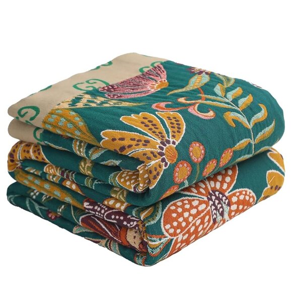 Purefair Muslin Cotton Throw Blanket | 80"x90" | Green Floral | Reversible - Picture 2 of 3